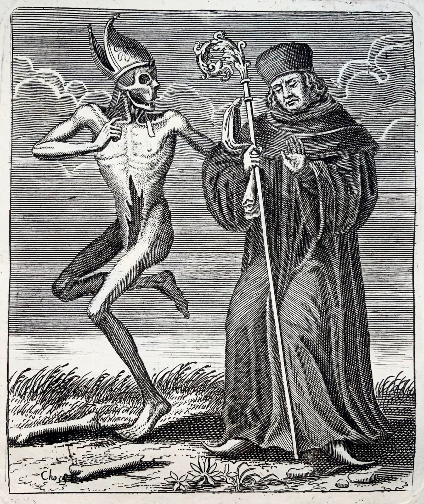 1744 Merian, Dance of Death, the Abbot, copper engraving