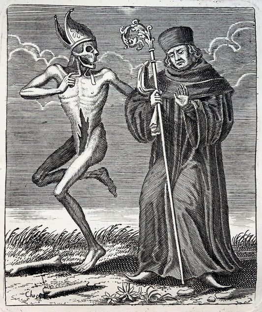 1744 Merian, Dance of Death, the Abbot, copper engraving