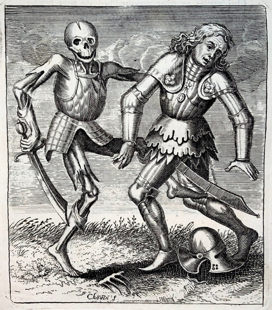 1744 Merian, Dance of Death, Knight in armour, copper engraving