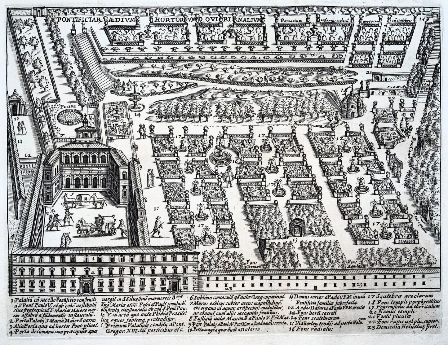 1624 Laurus, Quirinal Palace and its gardens, Rome, engraving