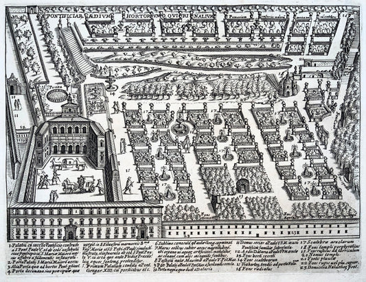1624 Laurus, Quirinal Palace and its gardens, Rome, engraving