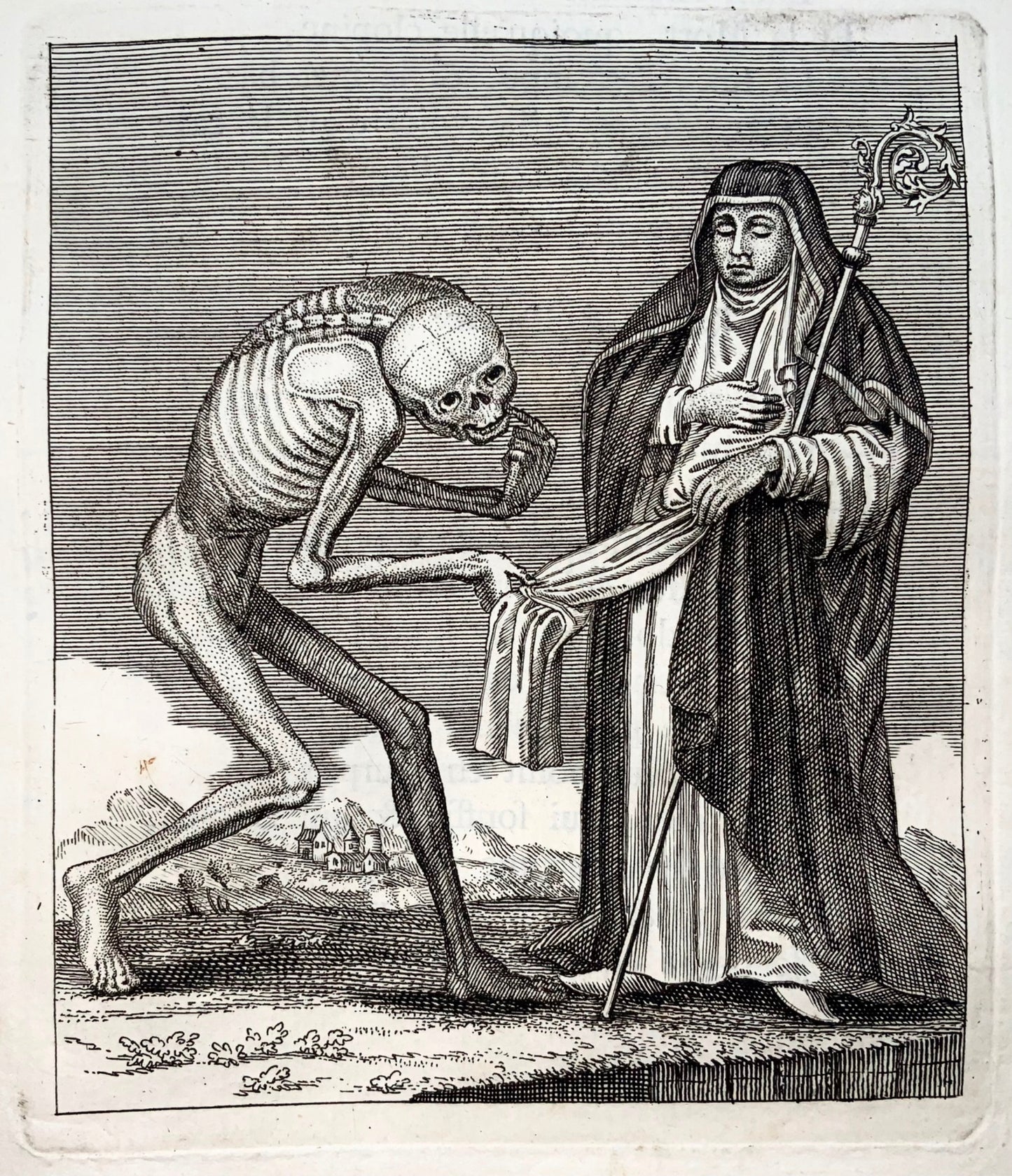 1744 Merian, Dance of Death, the Abbess, copper engraving