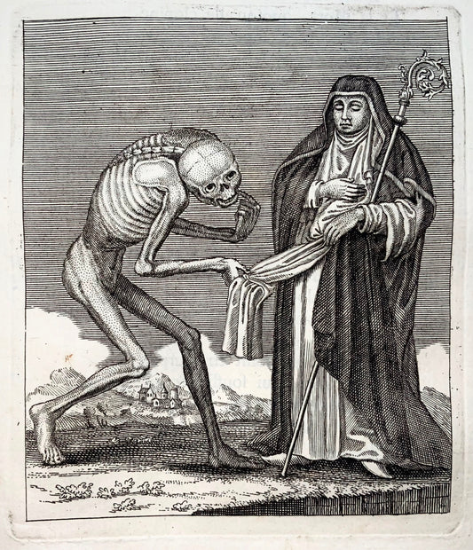 1744 Merian, Dance of Death, the Abbess, copper engraving