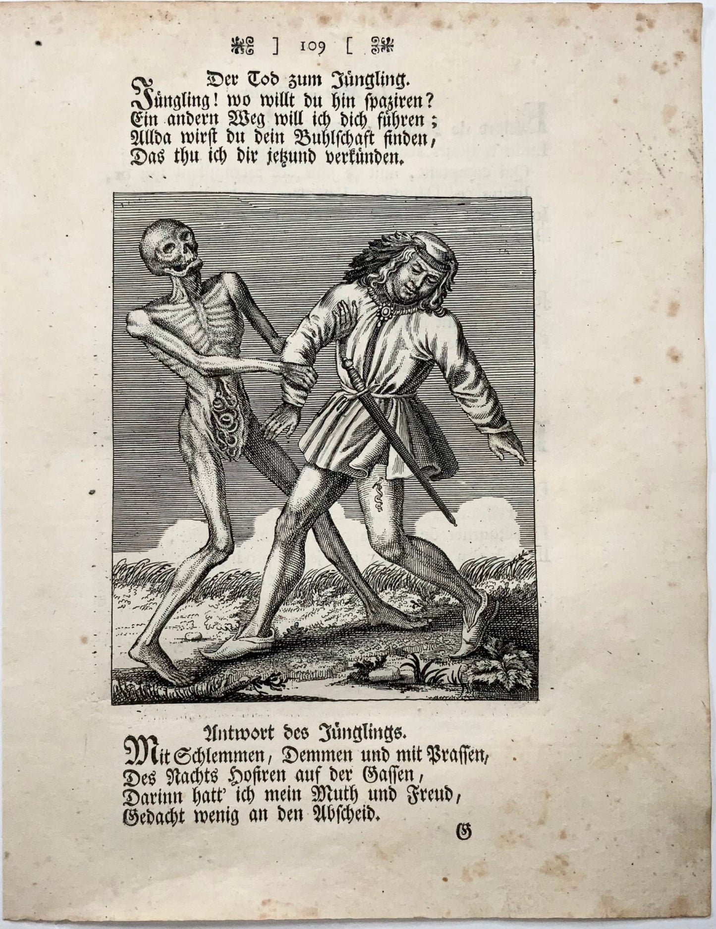 1744 Merian, Dance of Death, Young Man, copper engraving