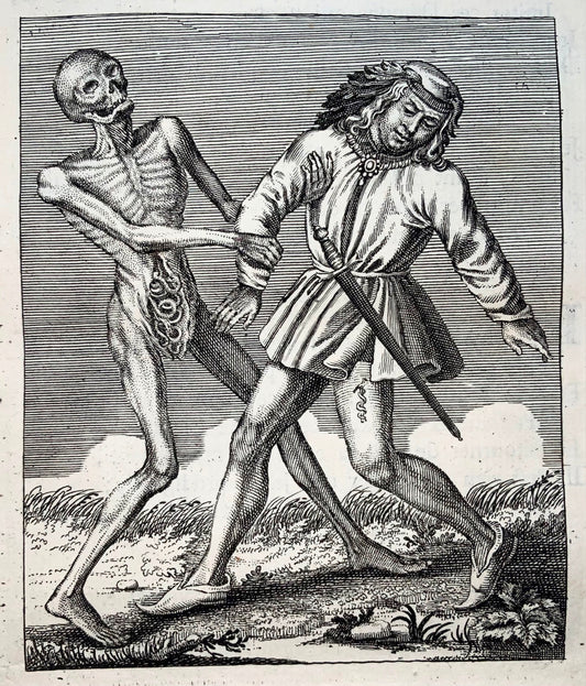 1744 Merian, Dance of Death, Young Man, copper engraving