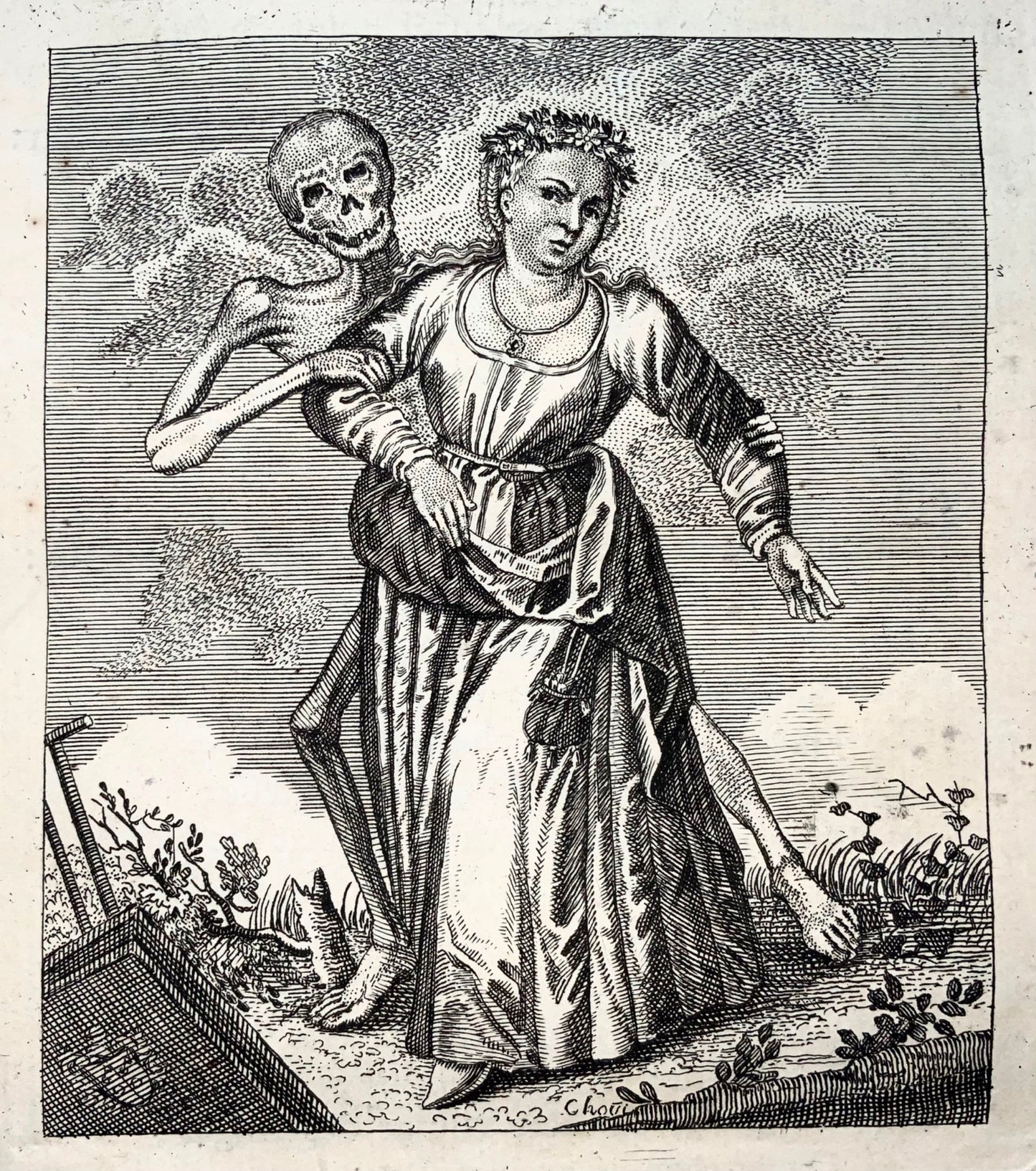 1744 Merian, Dance of Death, Young Woman, copper engraving