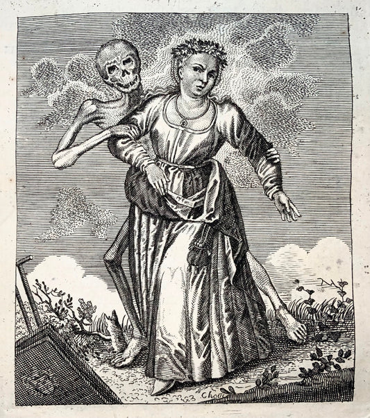 1744 Merian, Dance of Death, Young Woman, copper engraving