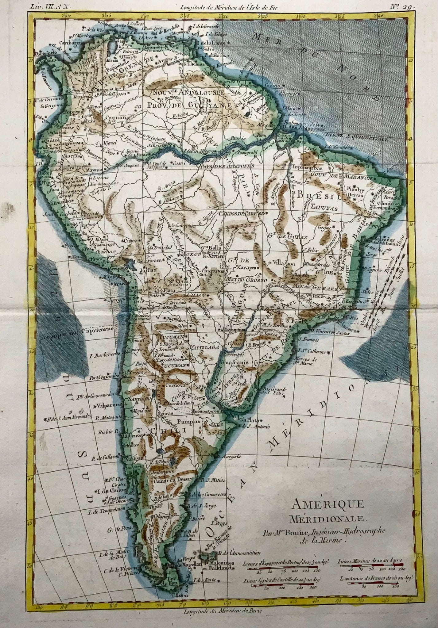 1780 Map of South America, Rigobert Bonne