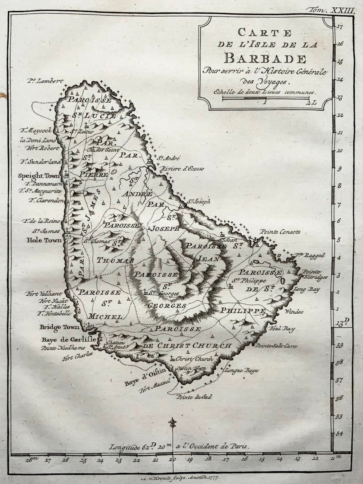 1777 Map of the island of Barbados in the Caribbean, Krevelt