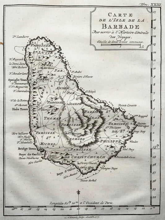 1777 Map of the island of Barbados in the Caribbean, Krevelt