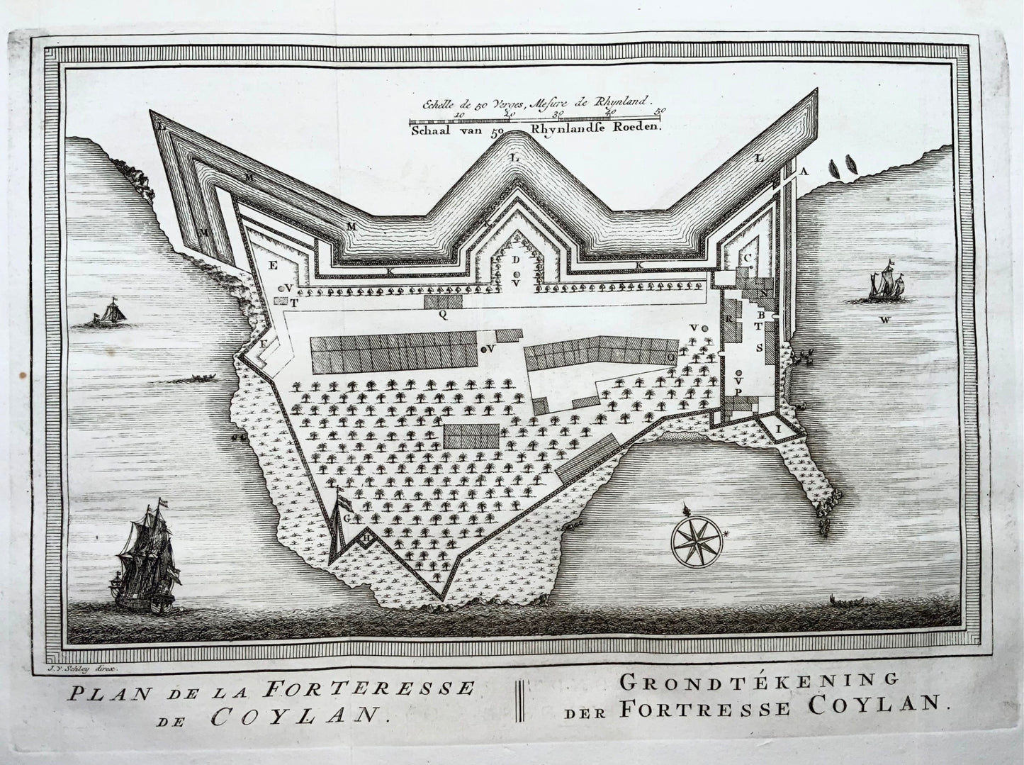 1757 India Kollam (Coylan) - J van der Schley, map, plan
