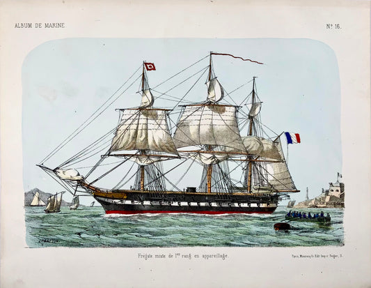 1865 c. French Frigate, L. Lebreton, ship, folio stone lithograph, hand colour