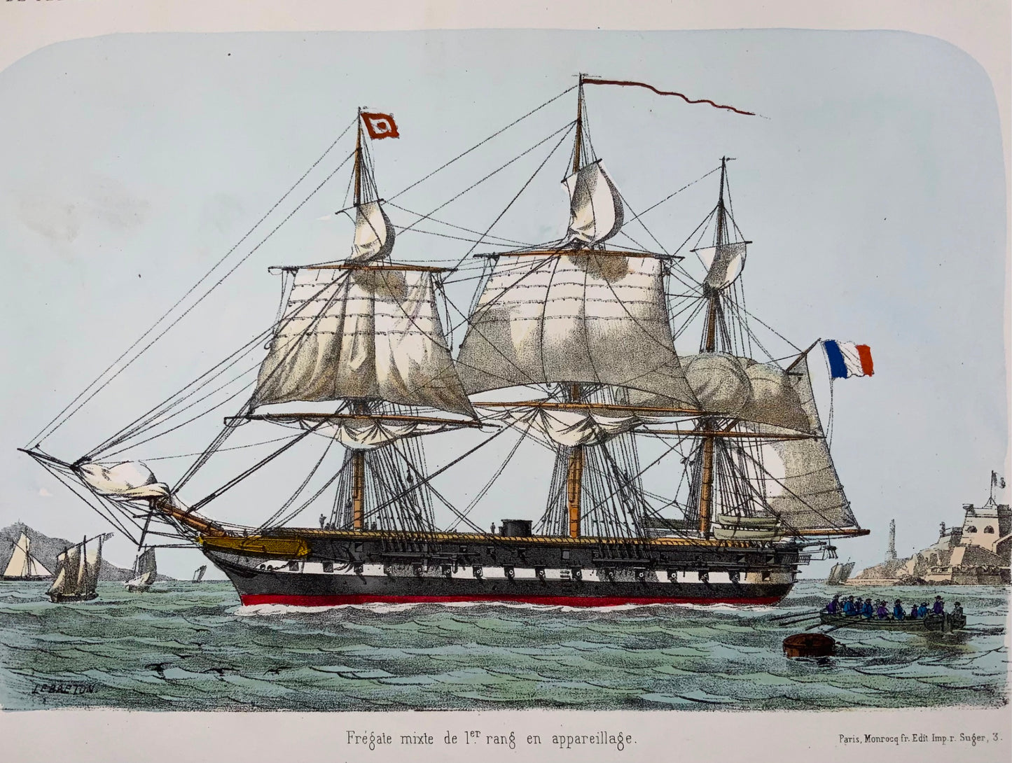 1865 c. French Frigate, L. Lebreton, ship, folio stone lithograph, hand colour