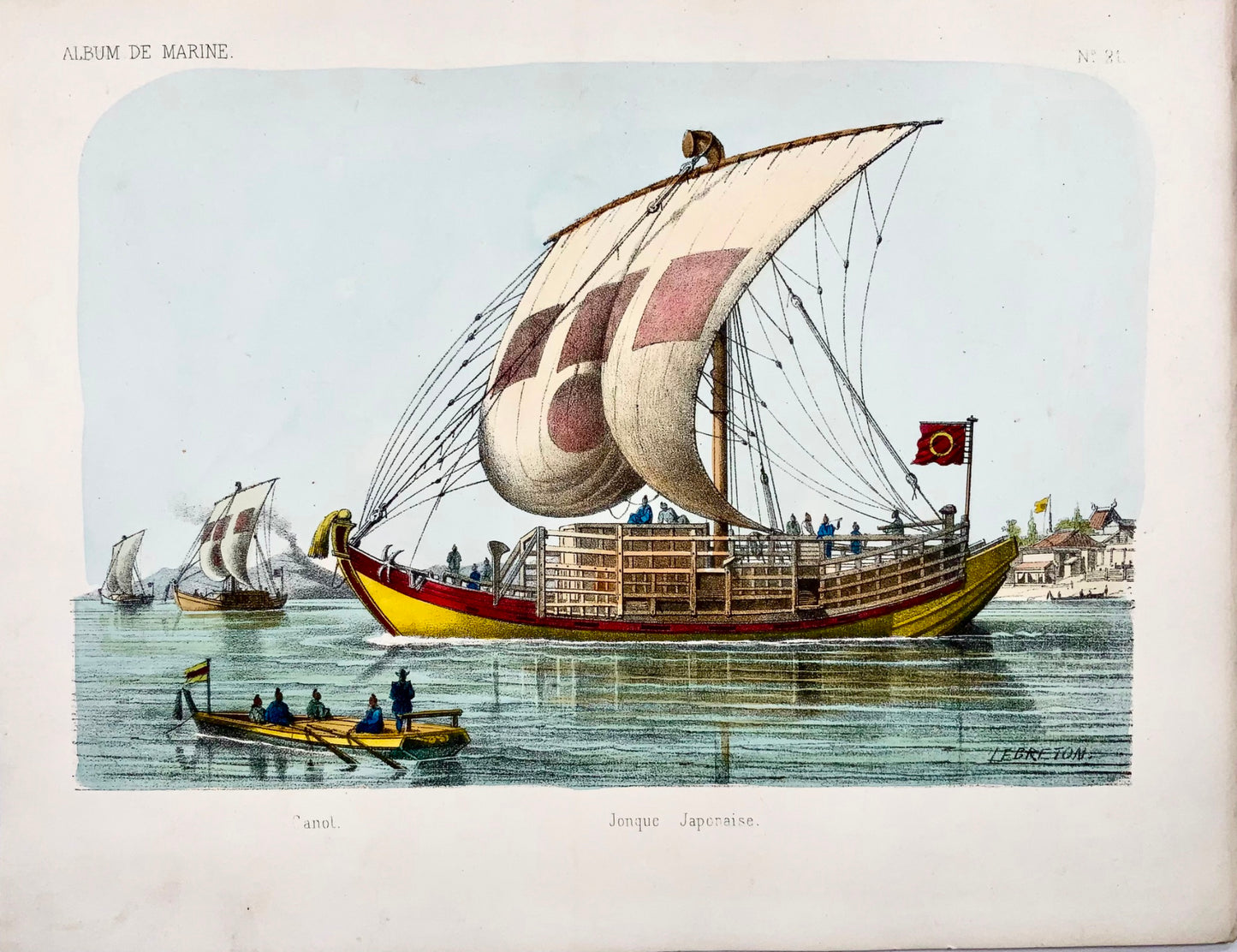 1865 c. Japanese Junk, L. Lebreton, ship, folio stone lithograph, hand colour