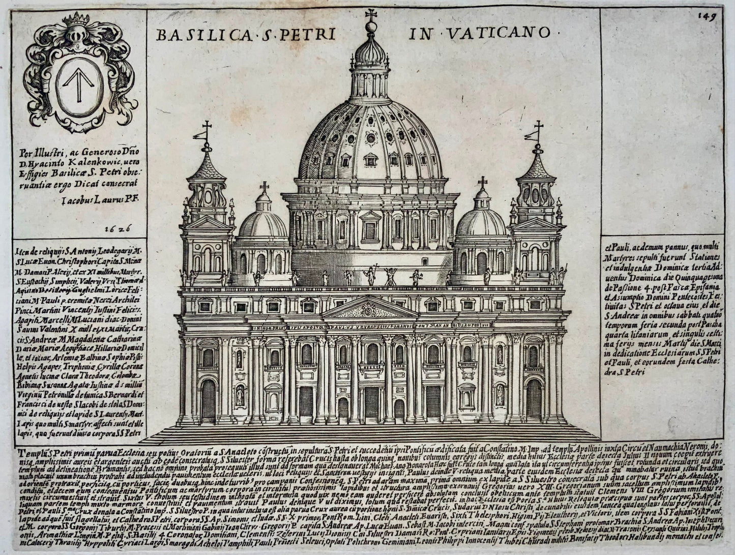 1624 Laurus (Lauro), Basilica St. Peters, Vatican, Rome, hand coloured engraving