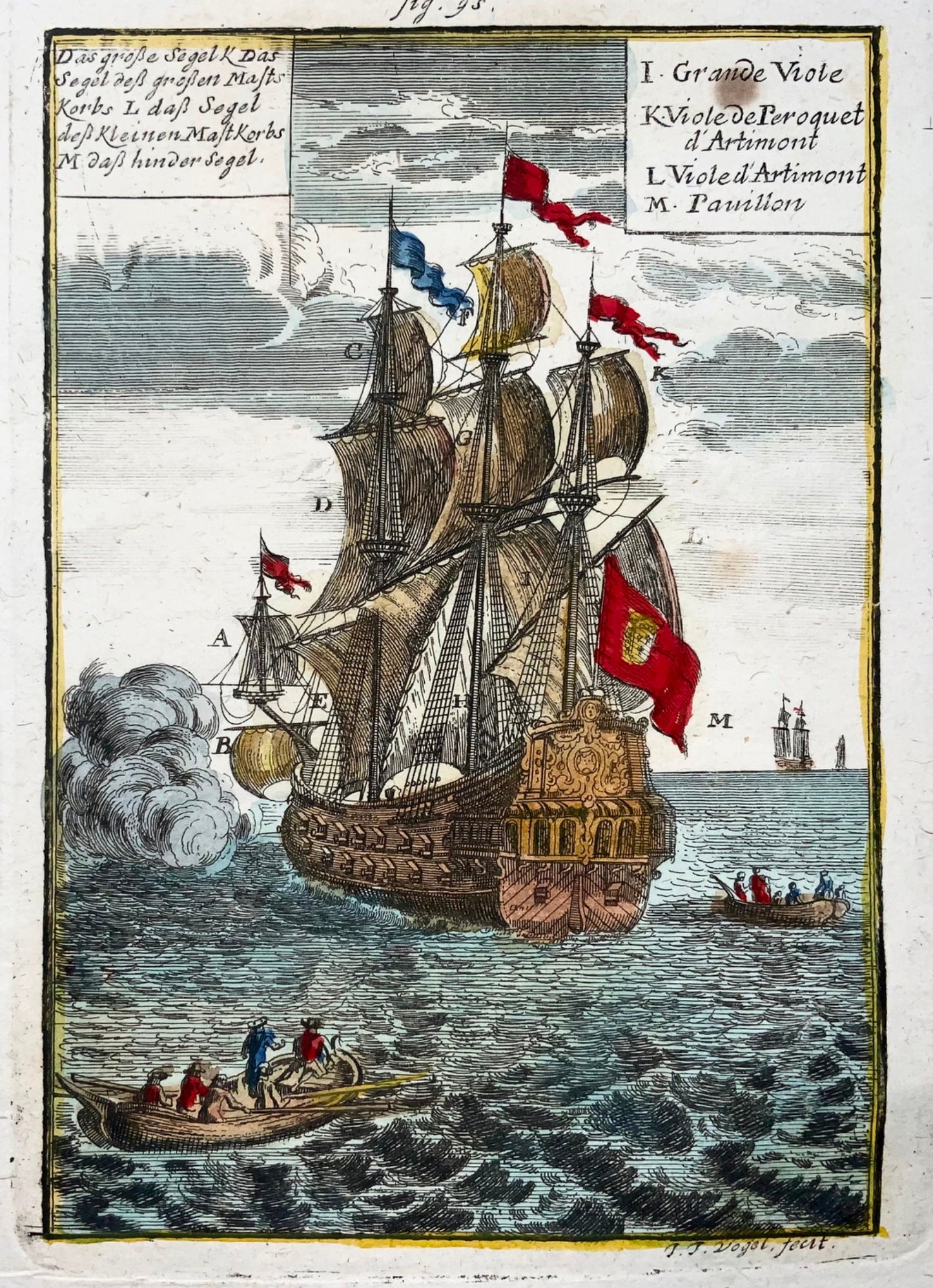 1719 Man-o-War, Battle Ship, Mallet, Hand coloured engraving, Transportation