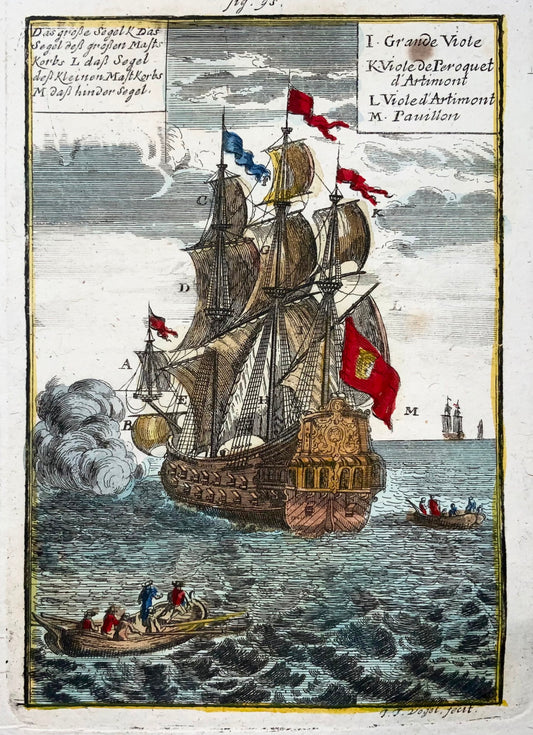 1719 Man-o-War, Battle Ship, Mallet, Hand coloured engraving, Transportation
