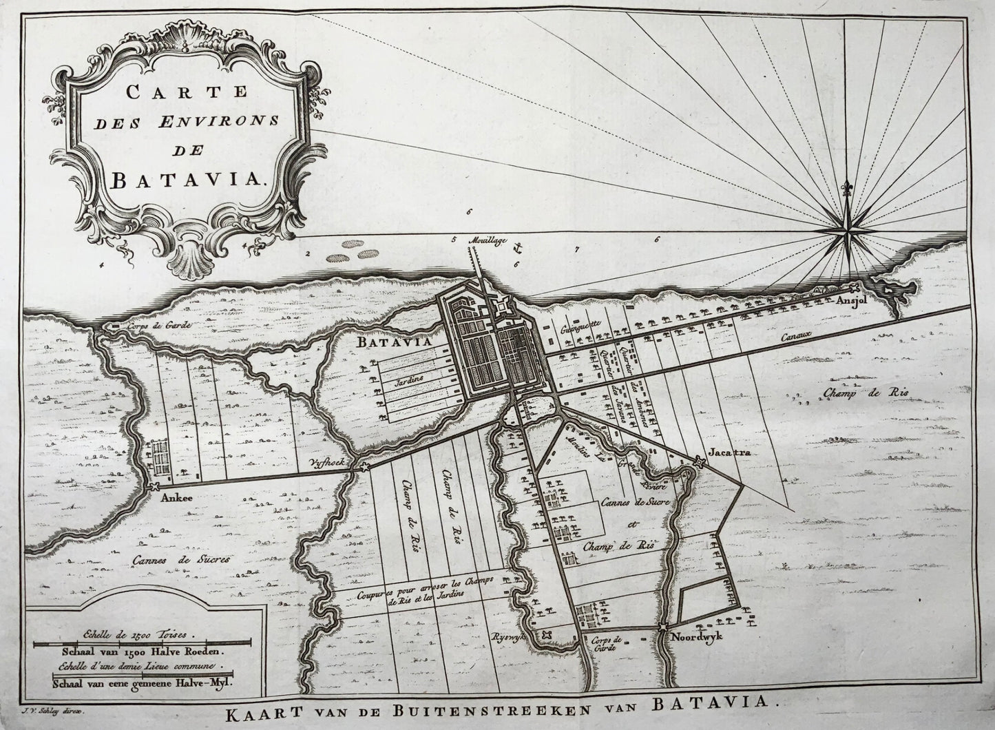 1752 J.V. Schley, Carte des Environs de Batavia, map, Indonesia, Travel