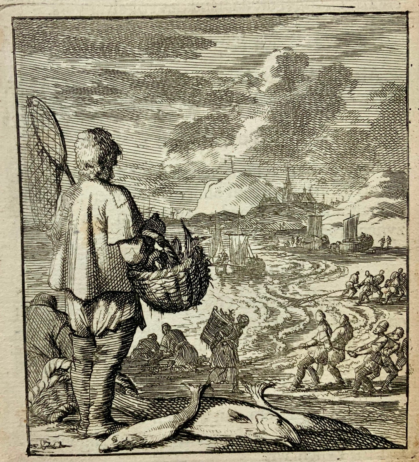 1711 Caspar Luyken, Fishermen, Sea Fishing, copper engraving, agriculture