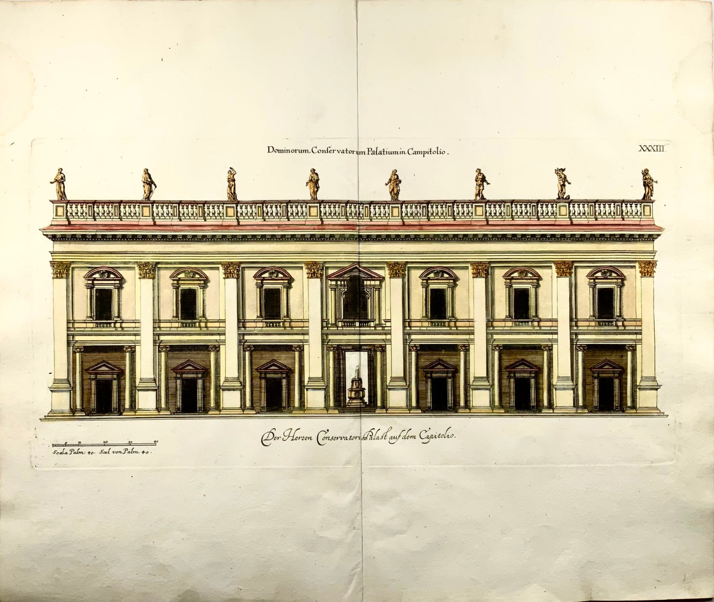 1679 Palazzo dei Conservatori, Rome, Italy, Sandrart, hand colored double folio