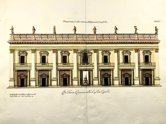 1679 Palazzo dei Conservatori, Rome, Italy, Sandrart, hand colored double folio