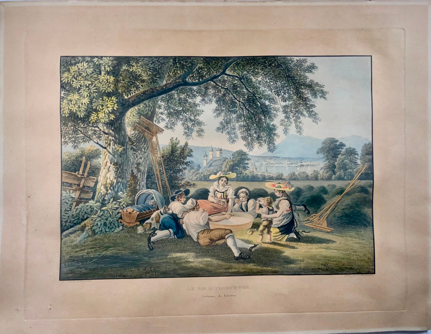 1820 s Luzern with picnic, large handcol. Aquatint, Lory, Switzerland