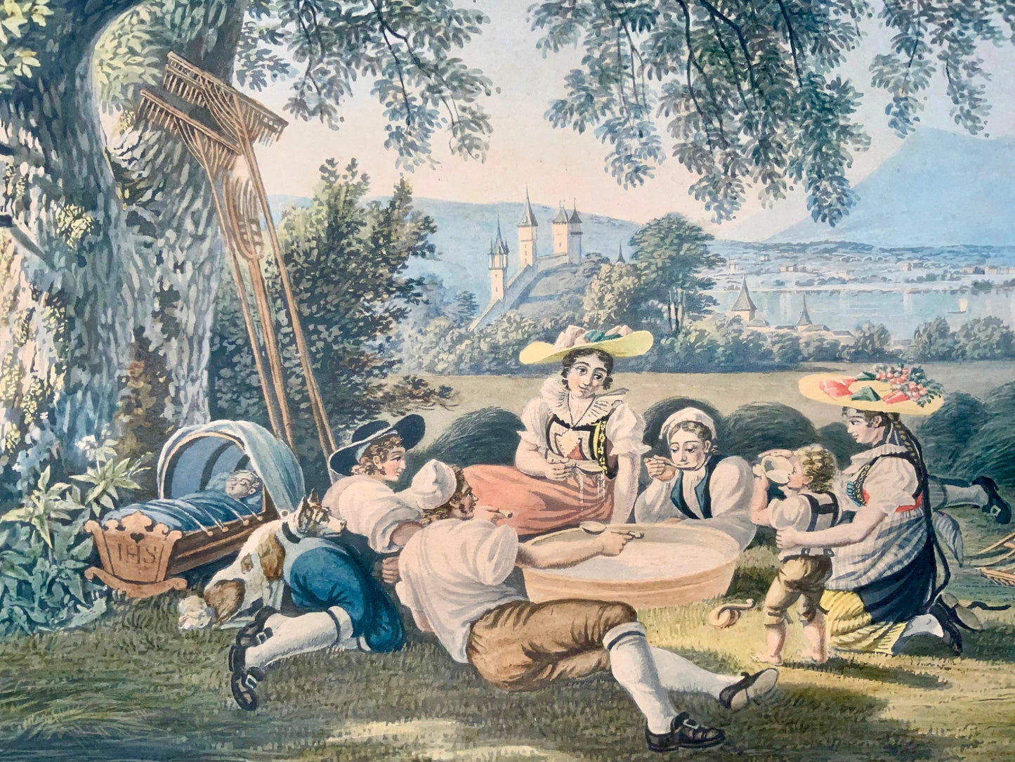 1820 s Luzern with picnic, large handcol. Aquatint, Lory, Switzerland