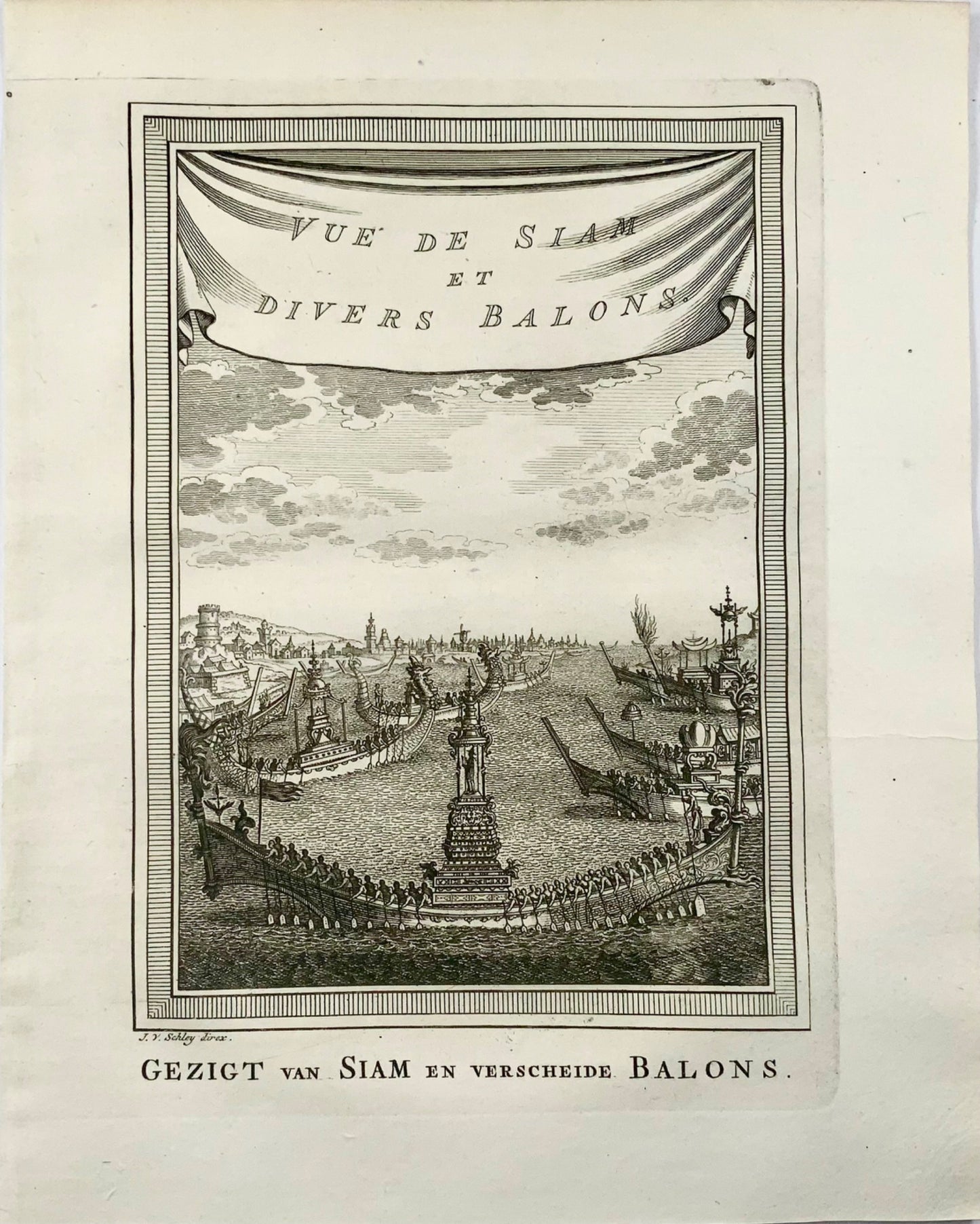 1755 Vue de Siam & divers balons [View of Ayutthaya with boats] by Schley