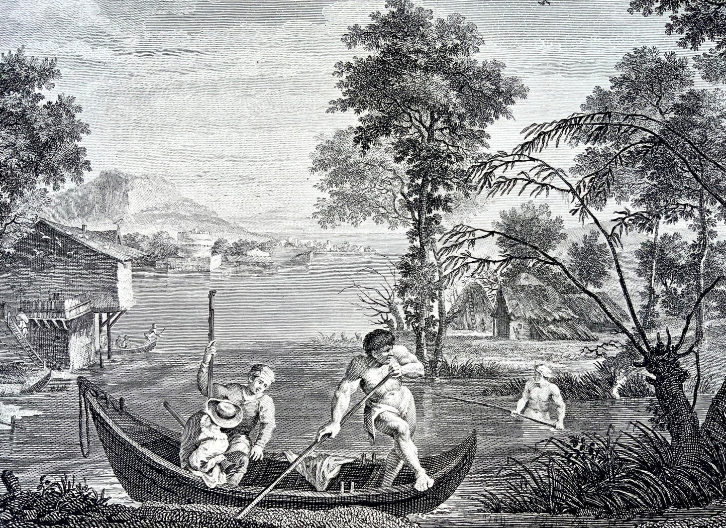 1786 River Landscape with Boatmen, Annibale Carracci, 43cm engraving