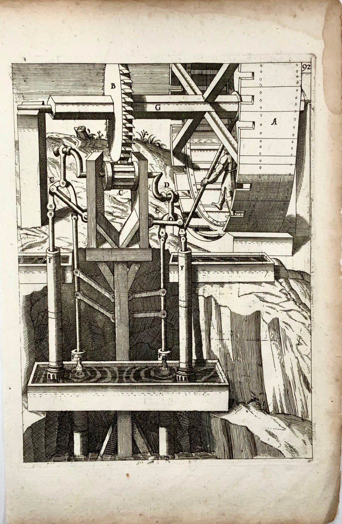 1662 Balth. Schwan; Boeckler, technology, Piston pump powered by treadmill