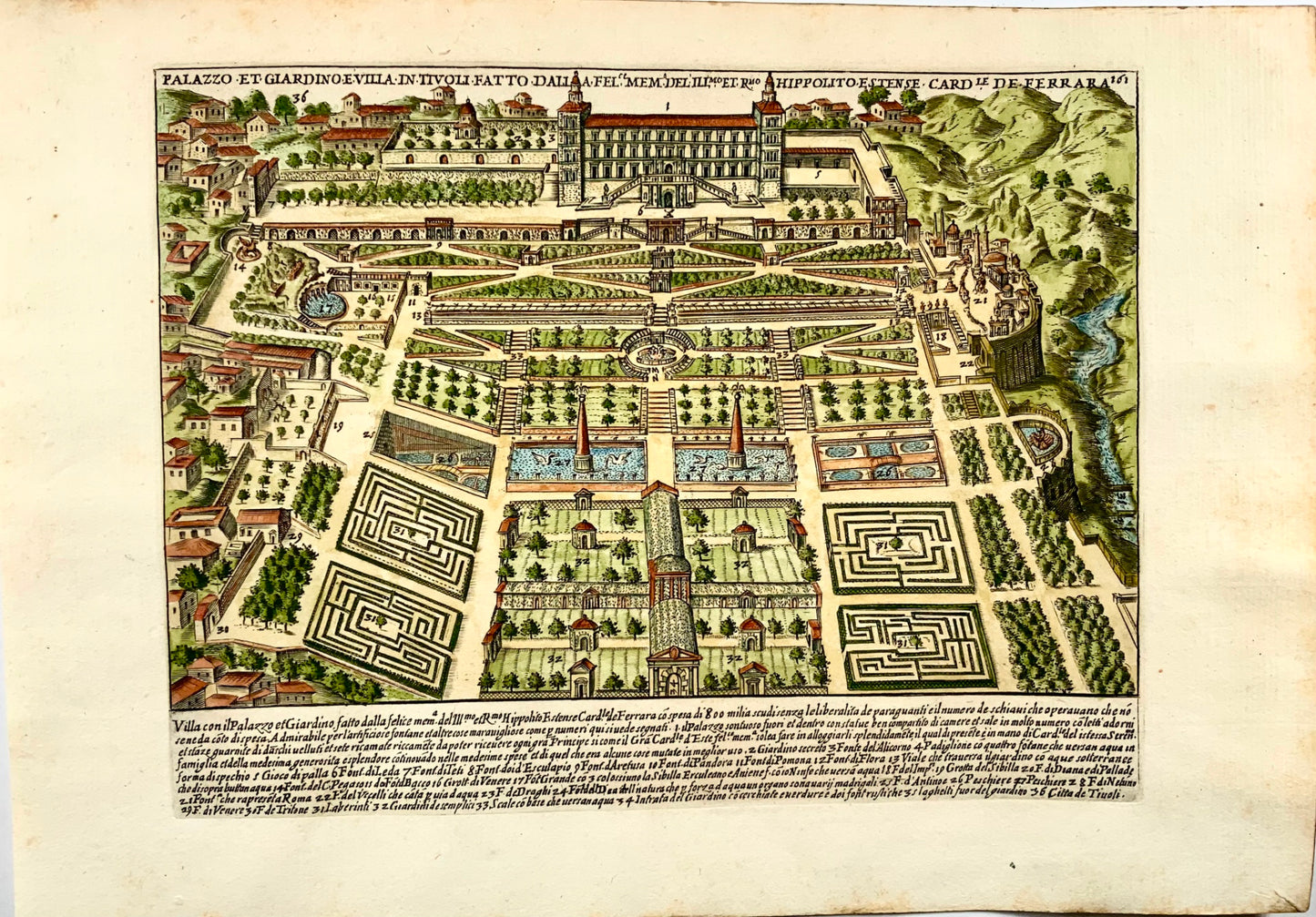 1624 Laurus (Lauro), Palace Gardens, Tivoli, Rome, hand coloured engraving