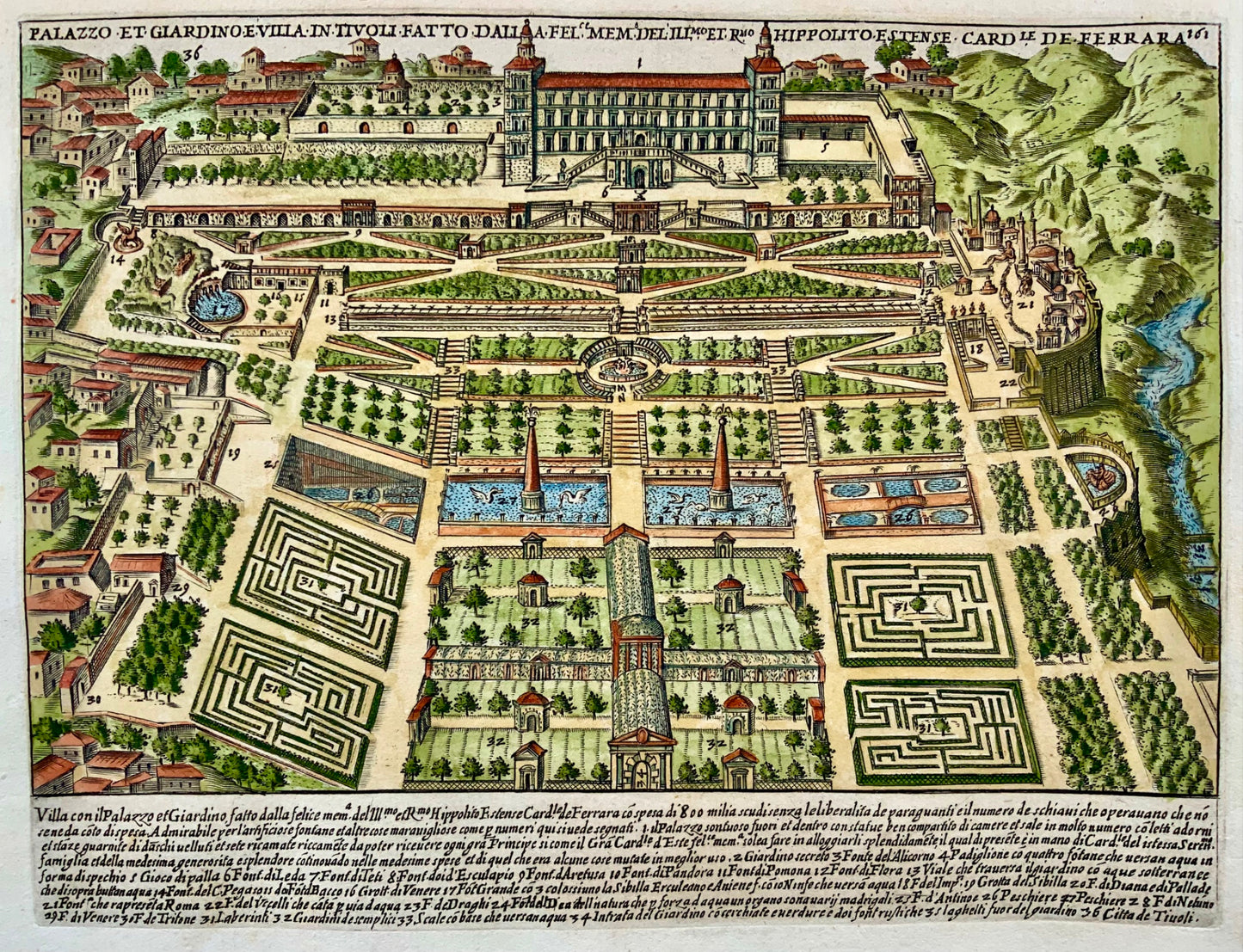 1624 Laurus (Lauro), Palace Gardens, Tivoli, Rome, hand coloured engraving