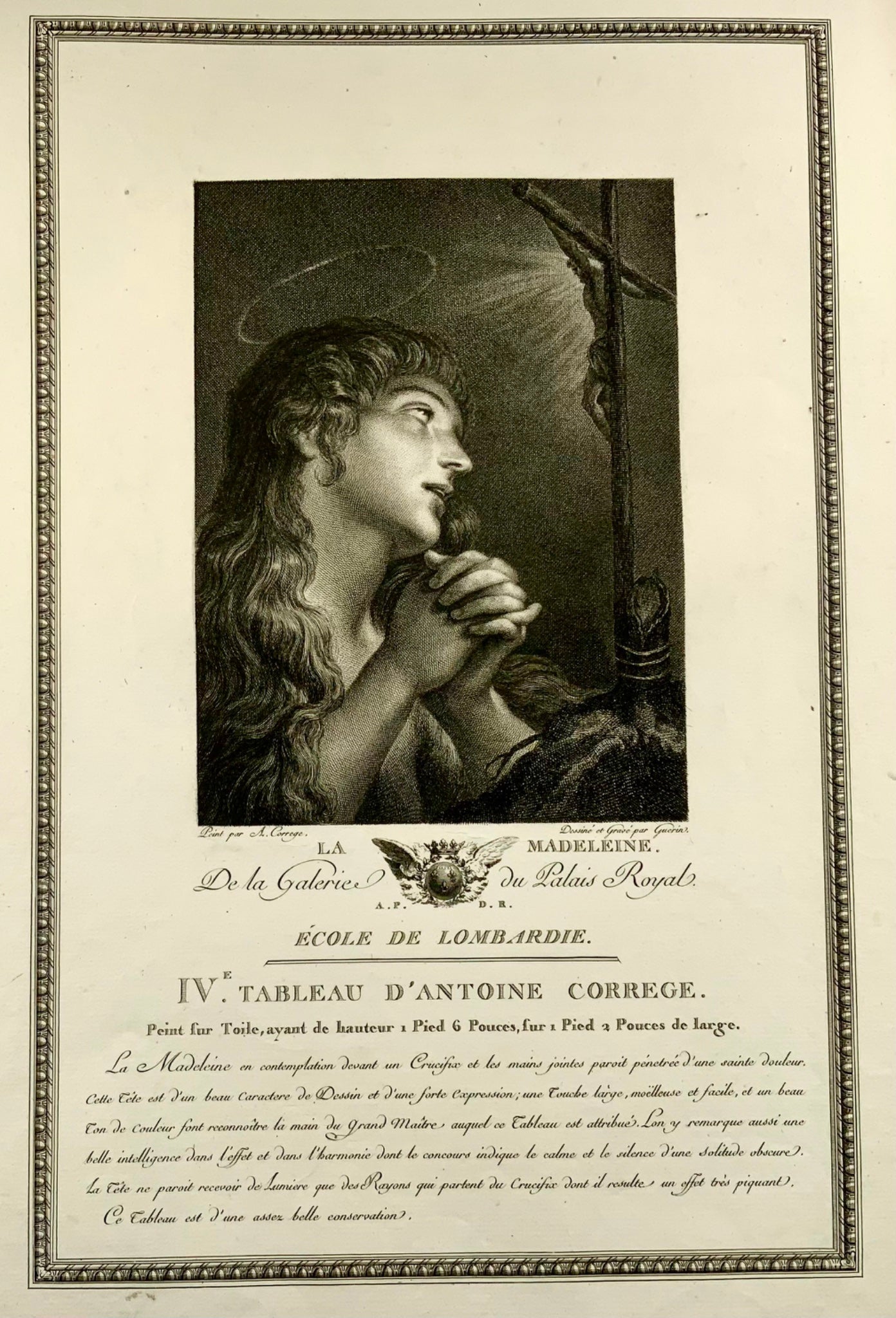 1786 Saint Mary Magdalen, Correge, 45cm engraving by Guerin, religious art