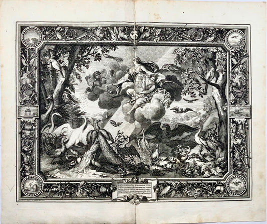 1679 Wind, double page allegorical tapestry engraving, Le Brun; Le Clerc, birds