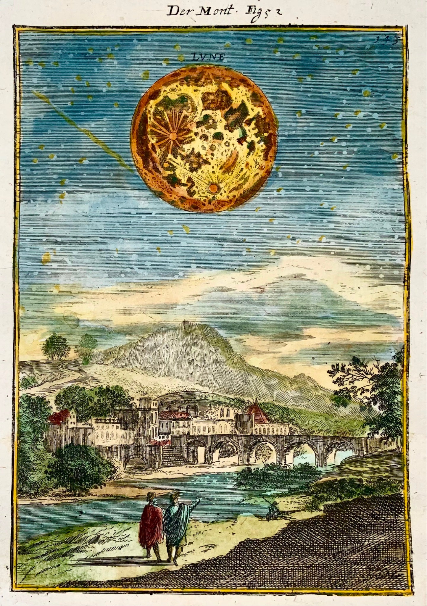 1719 Celestial chart, Map of the Moon, Mallet, hand coloured, astronomy