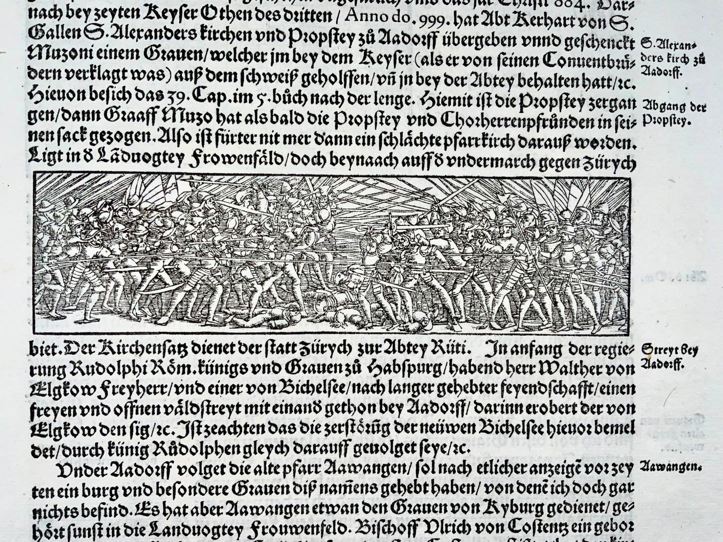 1548 Joh. Stumpf, Frauenfeld & Battle of Aardorf, Switzerland, fine woodcut Leaf