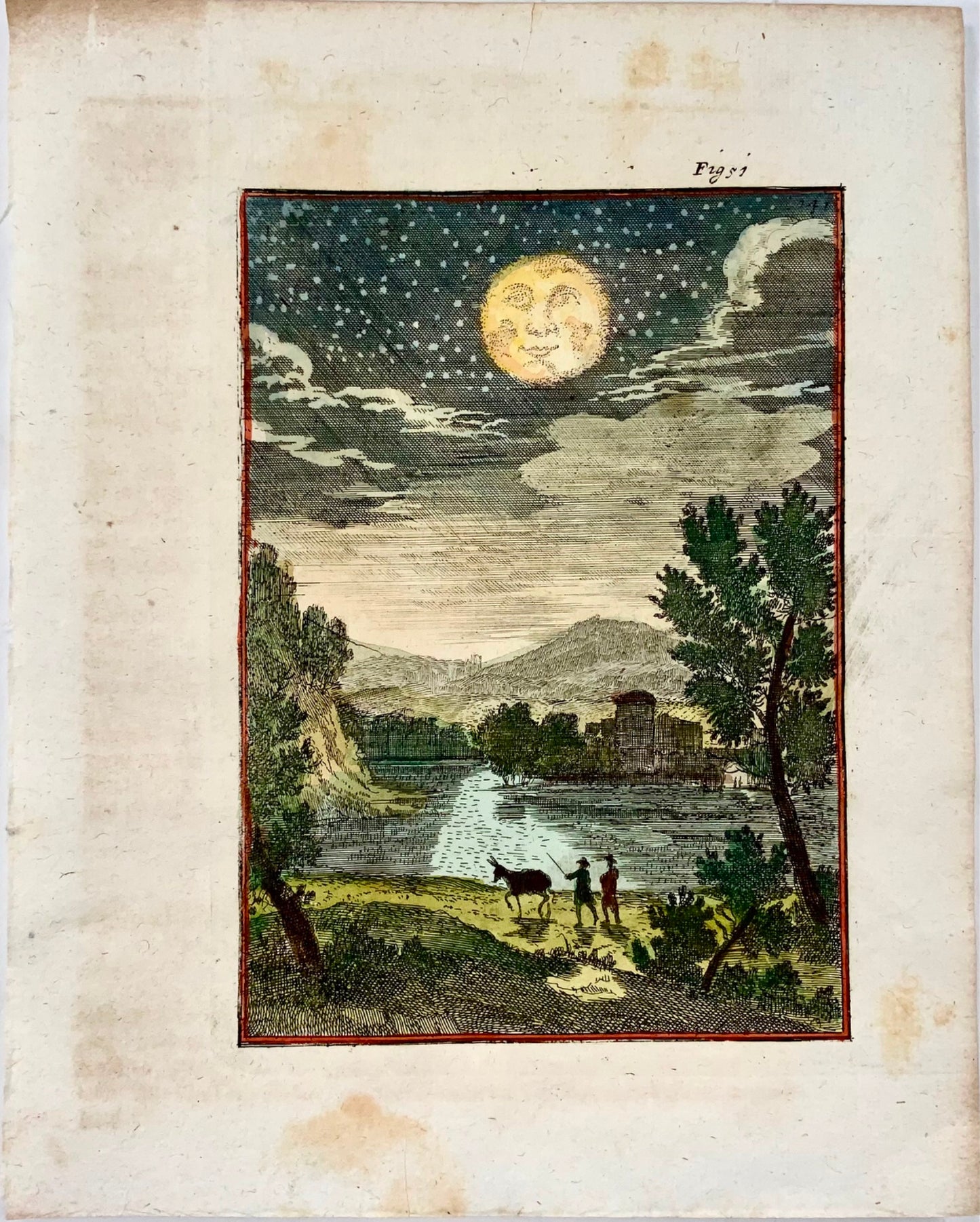 1719 Moon in the Night Sky, celestial, Mallet, hand coloured, astronomy, map