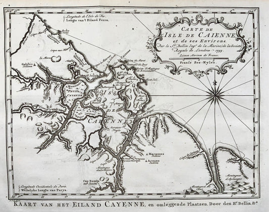 1753 N. Bellin, map of Cayenne Island, French Guyana