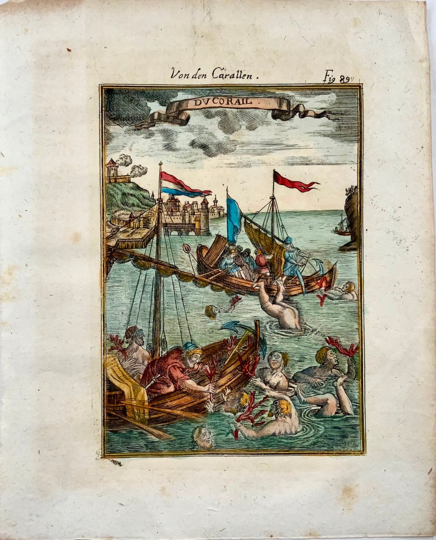 1719 Coral fishing (or diving), Mallet, Hand coloured copper engraving