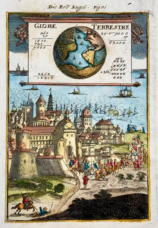 1719 Globe Terrestre, Mallet, hand coloured, battle scene, map