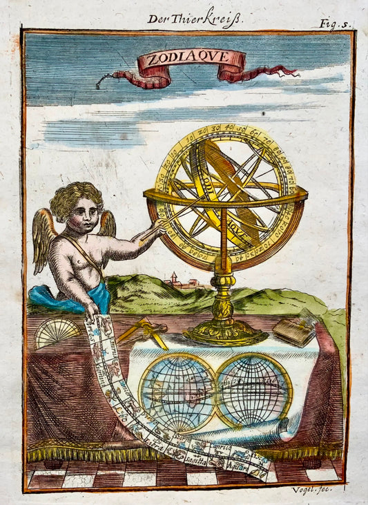 1719 Armillary Sphere, Zodiac, Mallet, hand coloured, celestial, map