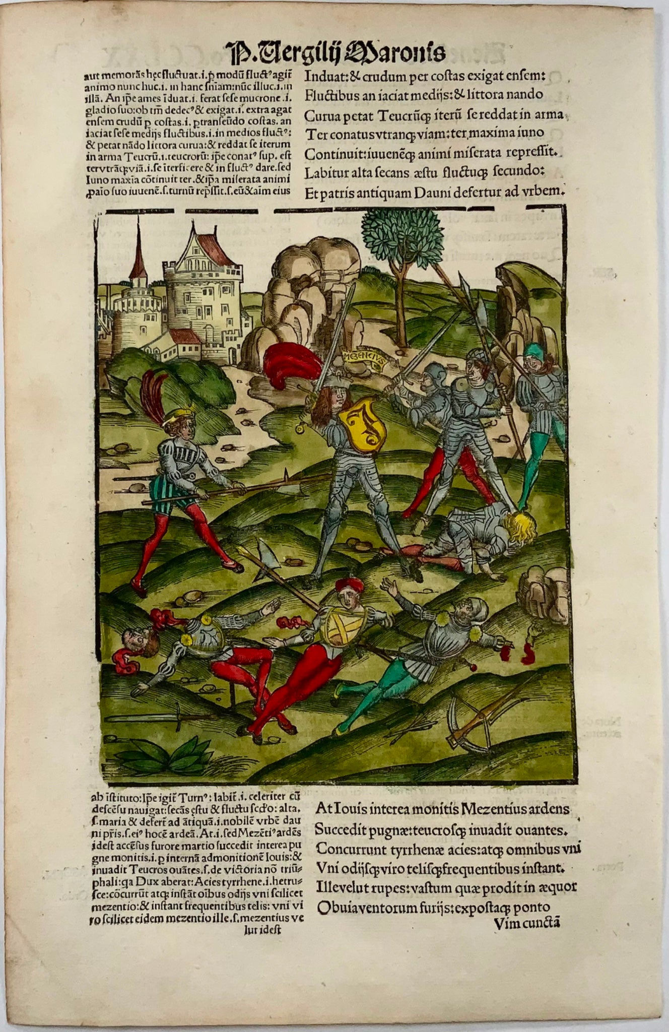 1517 Folio Gruninger woodcut leaf from Virgil’s Aeneid, Battle Scene, mythology,