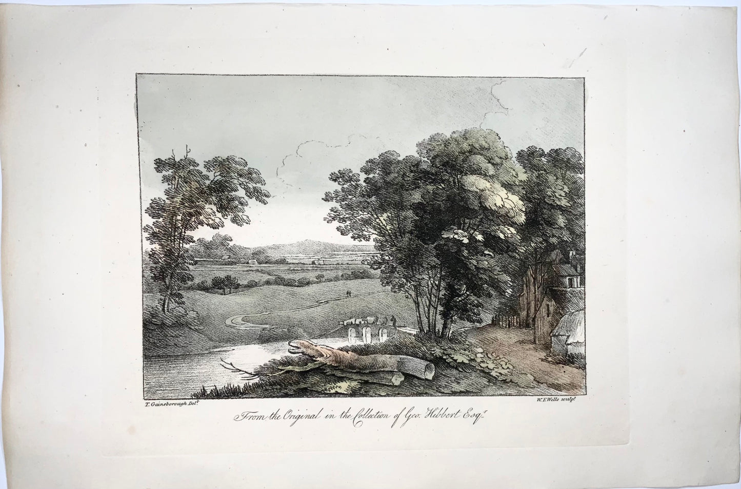 1819 Th. Gainsborough, landscape, large folio soft ground etching, wash colour