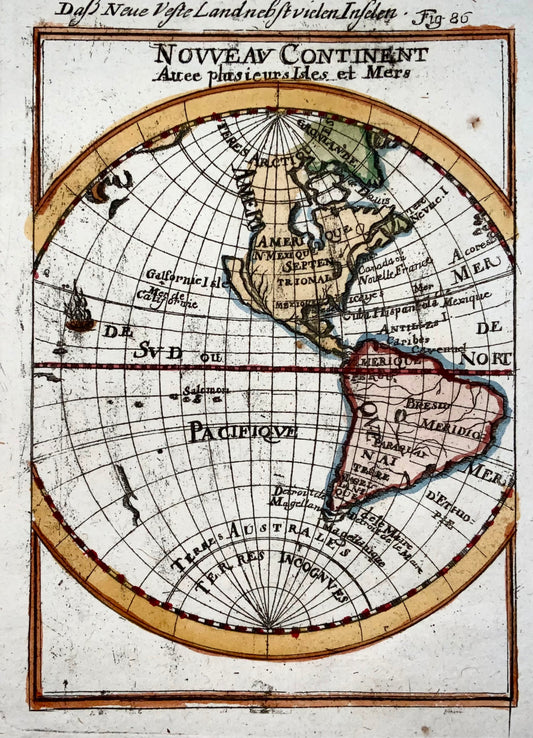 1719 Western Hemisphere, Globe, Mallet, hand coloured, map