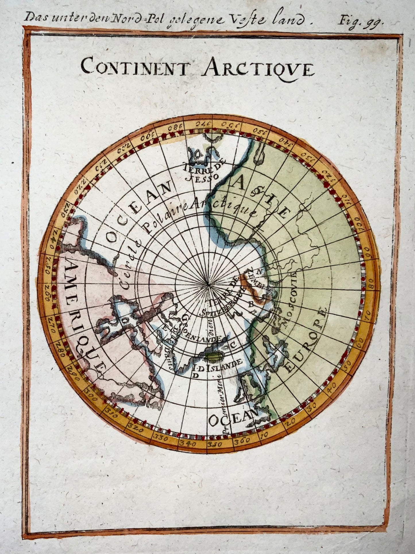 1719 Northern Hemisphere, Arctic circle, map, Mallet, hand coloured