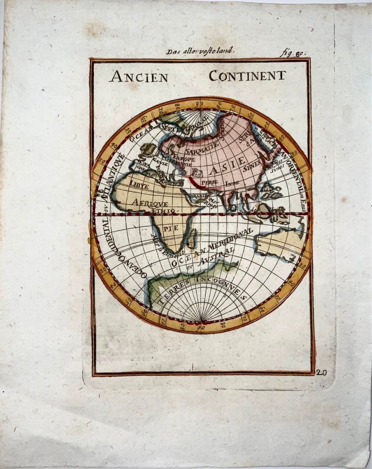 1719 Eastern Hemisphere, ‘Ancien Continent’, Mallet, hand coloured, map