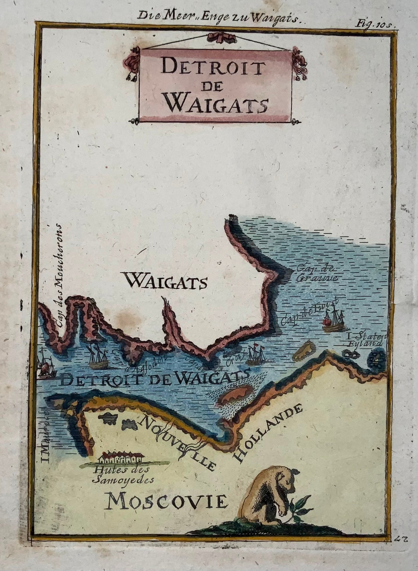 1719 Russia Arctic, Yugorsky Strait, Vaygach Island, Mallet, hand coloured map