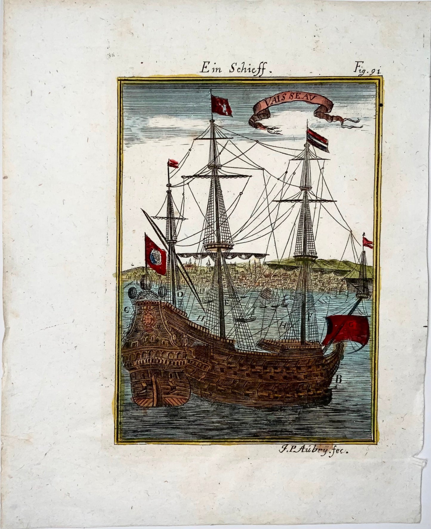 1719 Battle Ship, Man-o-War, Mallet, Hand coloured copper engraving