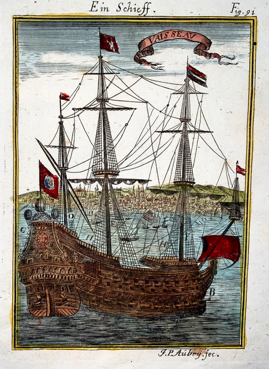 1719 Battle Ship, Man-o-War, Mallet, Hand coloured copper engraving