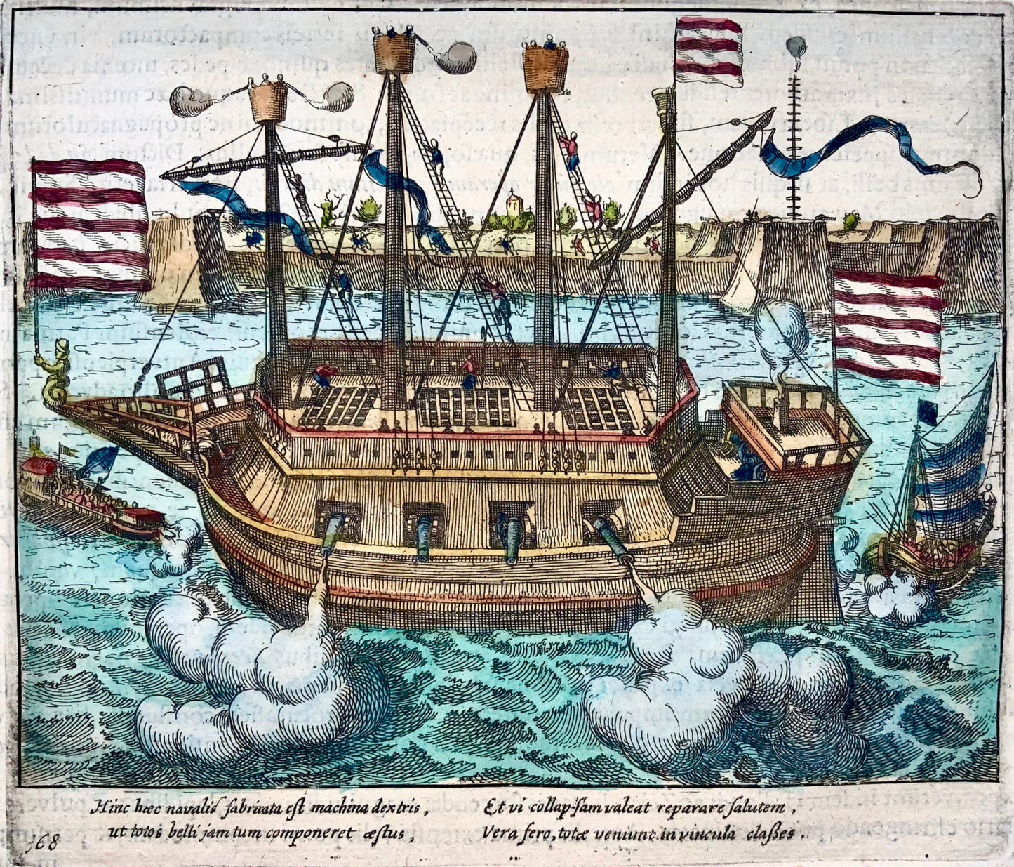 1622 Frans Hogenberg, nave corazzata 'Fin de la guerre', pregiata incisione su rame, storia militare